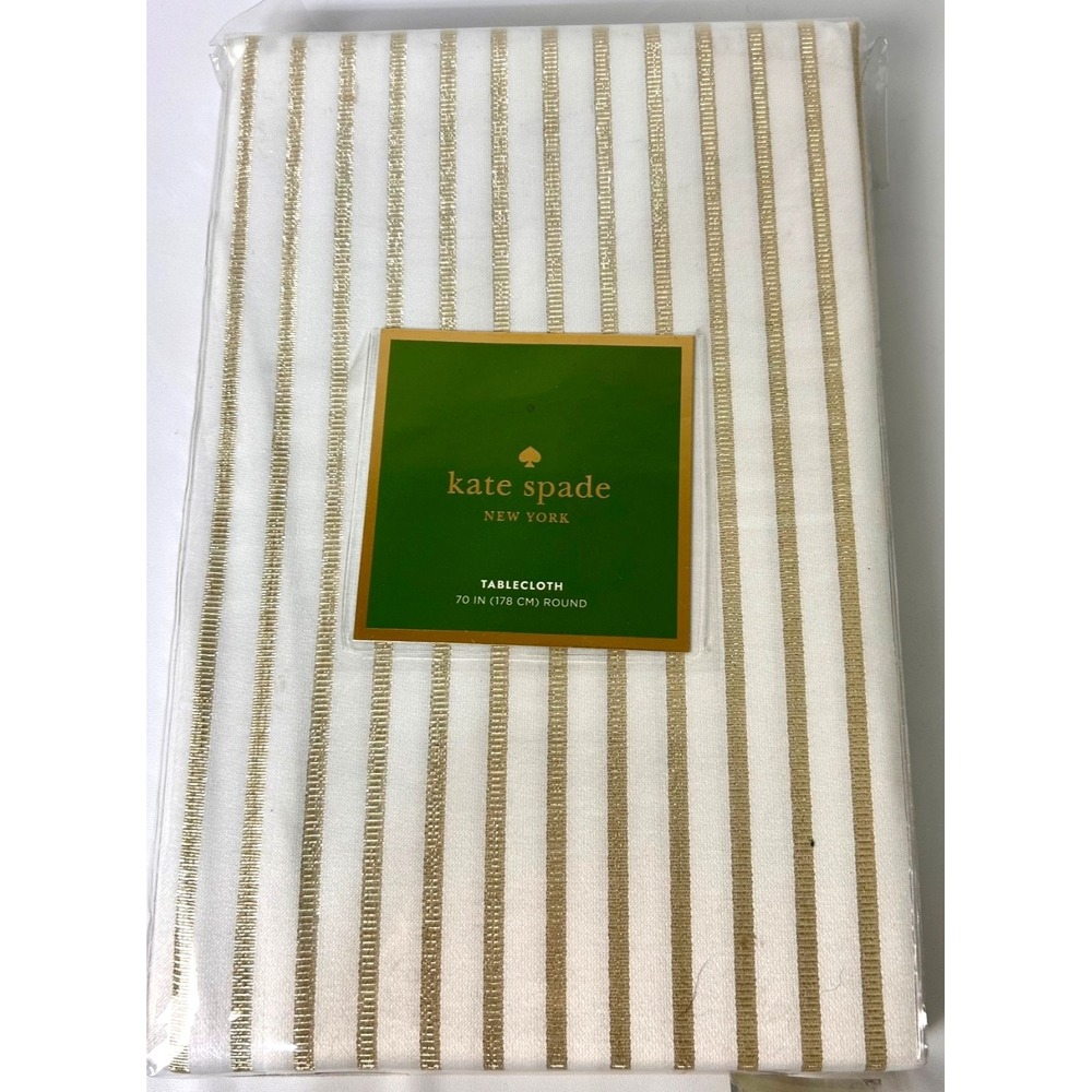New Kate Spade HARBOUR DRIVE Gold Stripe Holidays 70" Round Tablecloth
